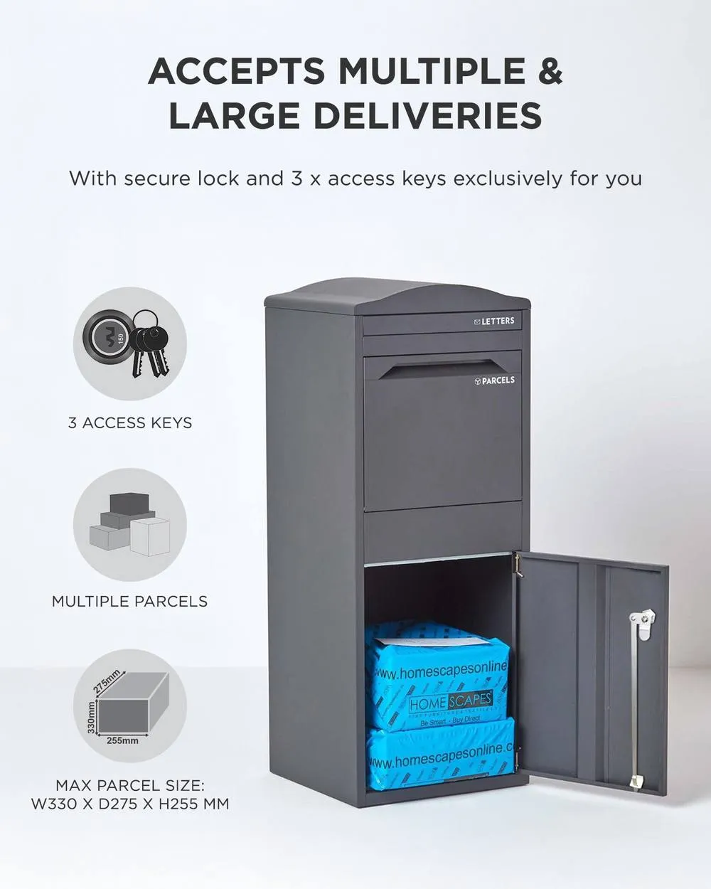 Homescapes Smart Parcel Box® Large Curved Top Front Access Secure Delivery Box in Grey 5