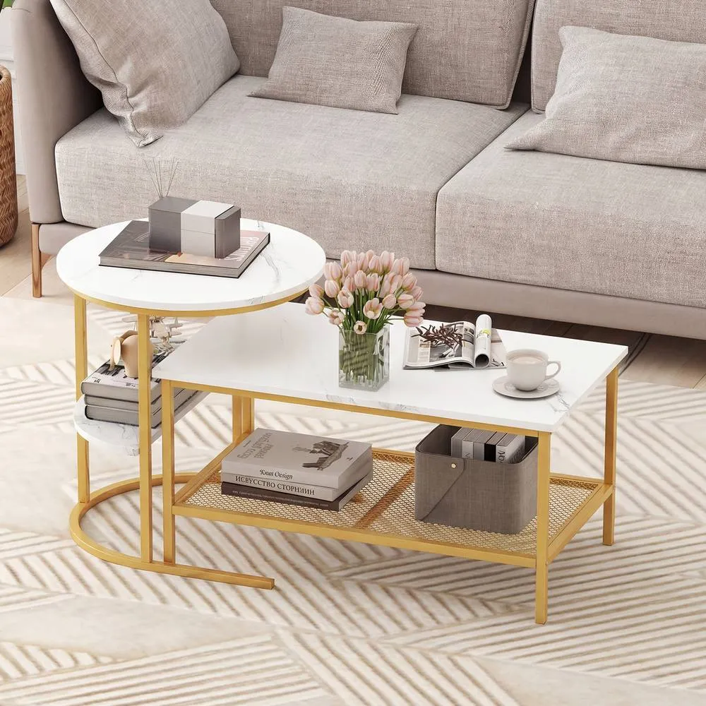 Costway 2PCS Nesting Faux Marble Coffee Table 2-in-1 Detachable Side Table Set