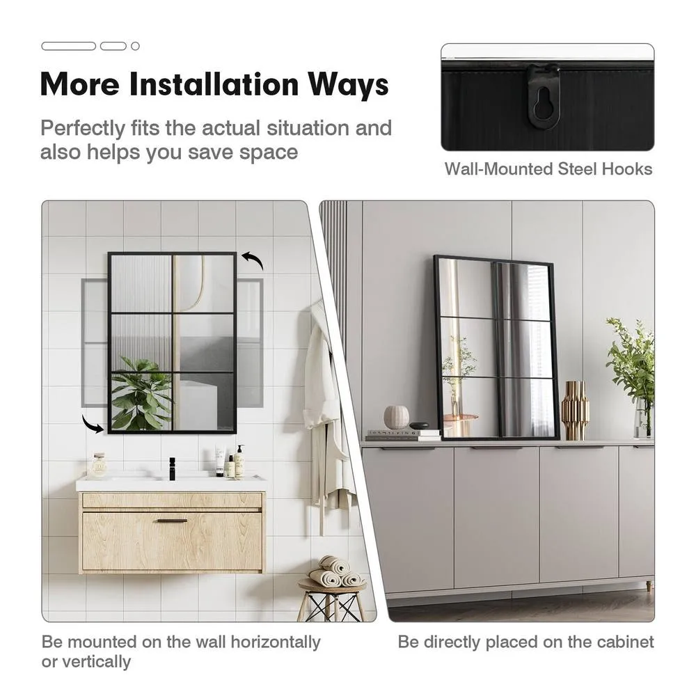 Costway Windowpane Hanging Mirror Wall Mounted Mirror Steel Frame in Black 4
