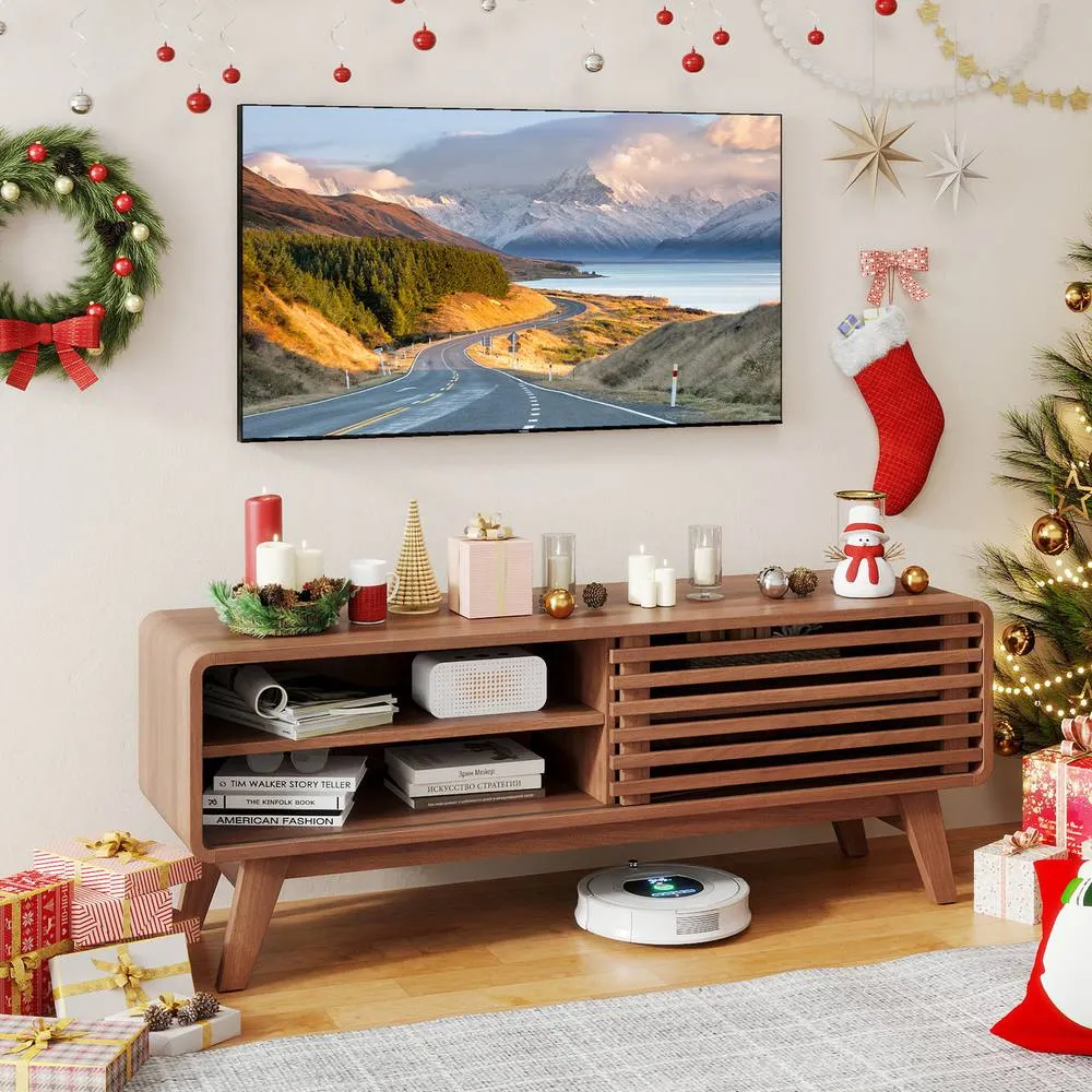 Costway TV Stand for TVs up to 55" Entertainment Center with Sliding Door in Brown 3