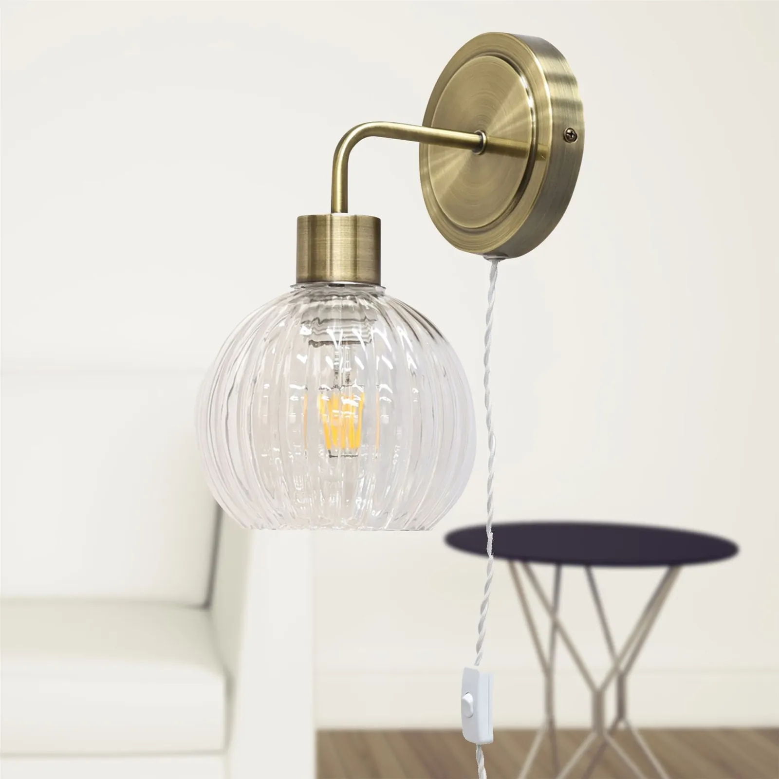First Choice Lighting Set of 2 Toby - Antique Brass Plug in Wall Lights Clear Globe Shades in Gold 5