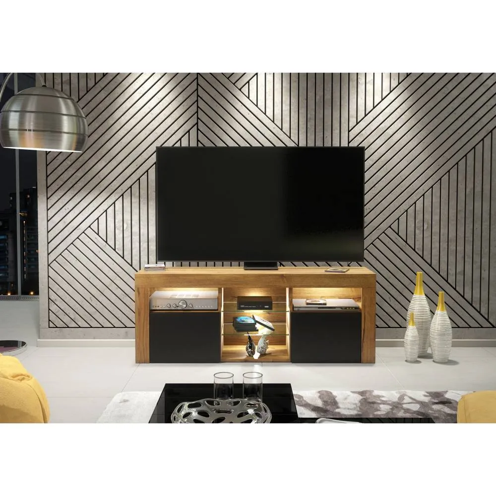 Creative Furniture Pulse TV Unit 145cm - Dark Oak with Black Matt Doors + LED Lights in Dark Brown 3