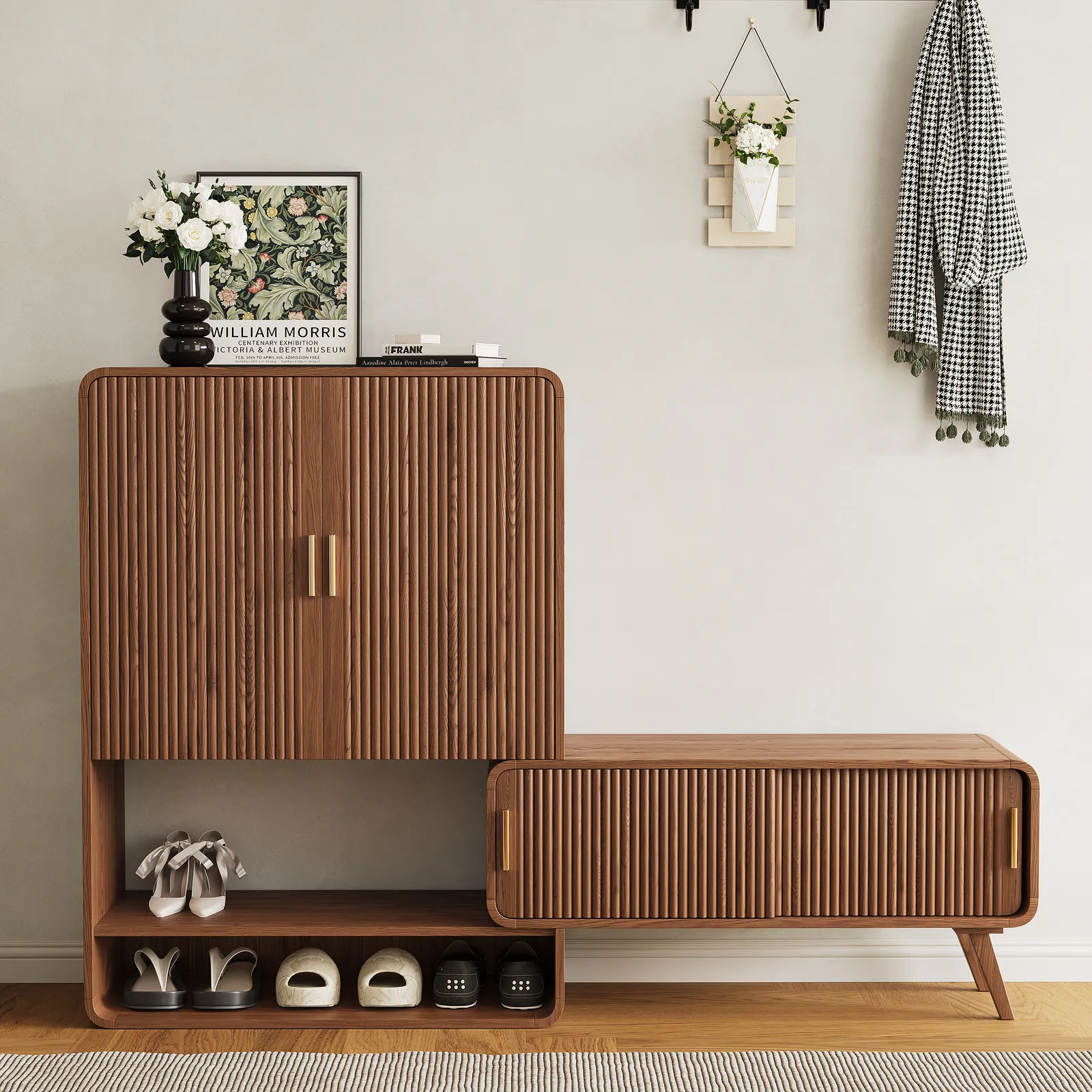 Ash Wood Shoe Rack for Entryway in Walnut Shoe Storage Cabinet for Closet