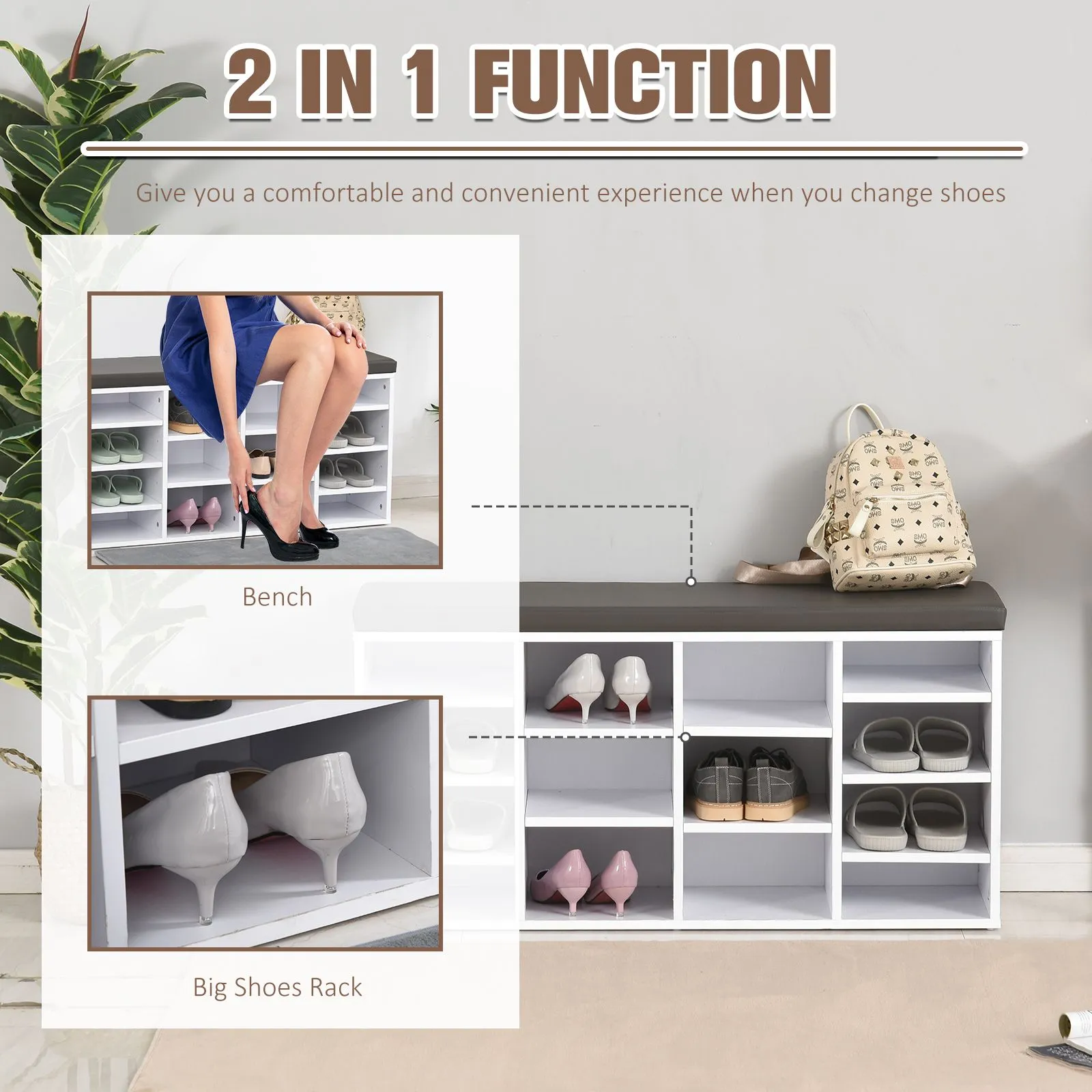 HOMCOM Shoe Rack w/ 14 Compartments Cushion Moving Shelves for Home in White 4