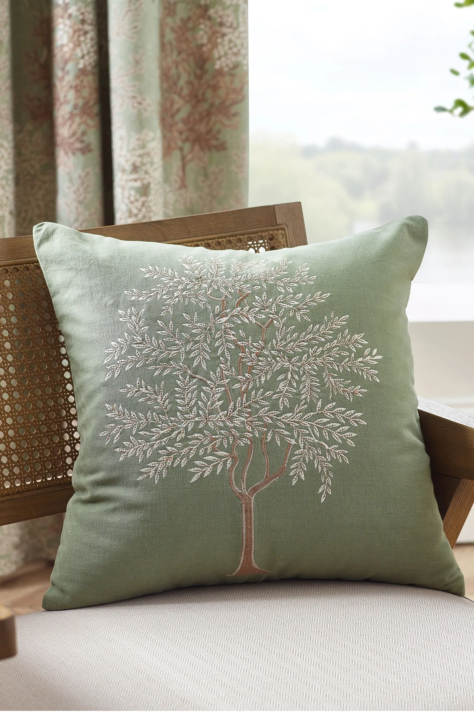 Catherine Lansfield Woodland Trees Embroidered 45cm x 45cm Cotton Blend Cushion in Green
