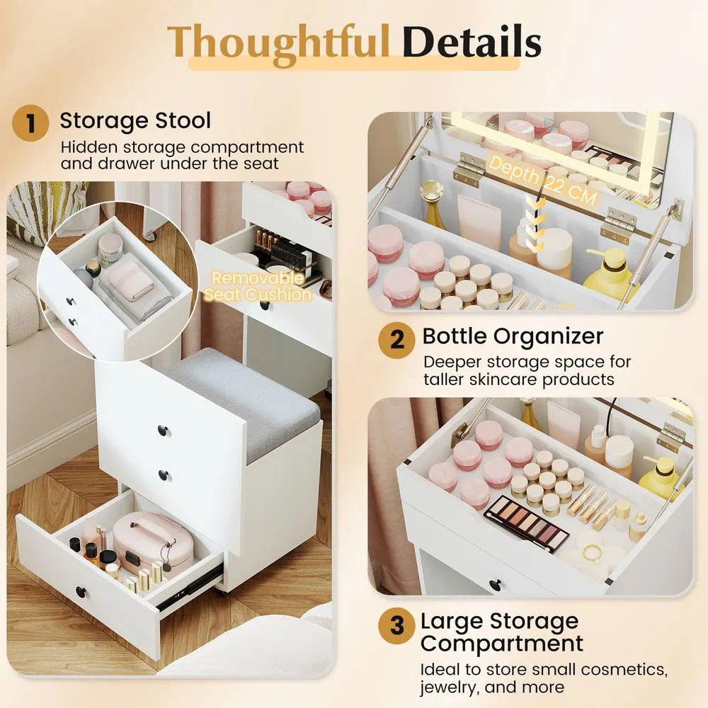 Costway 3-in-1 Vanity Desk Set w/Flip-top Mirror & Lights Makeup Table w/Stool in White 5