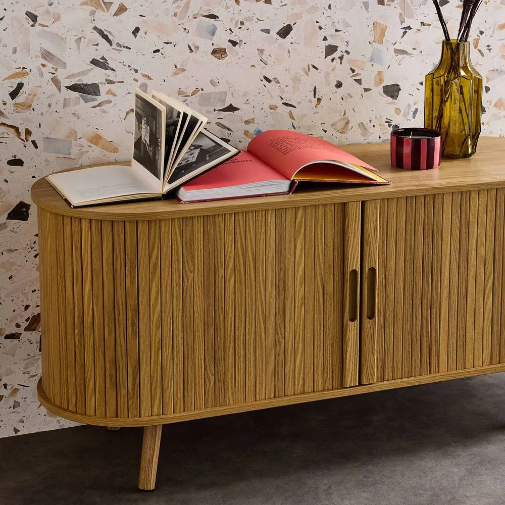 sweeek 120cm scandi-style TV unit with grooved wooden effect & 2 sliding in Beige 5
