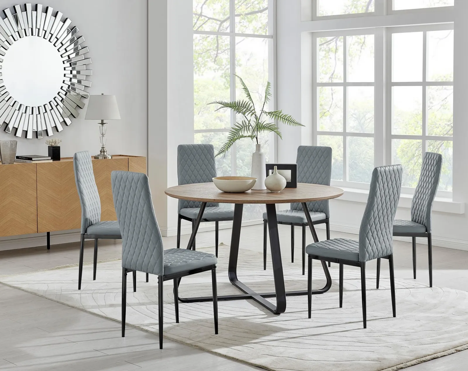 FurnitureboxUK Santorini Brown Round Dining Table & 6 Milan Black Leg Chairs in Grey 1