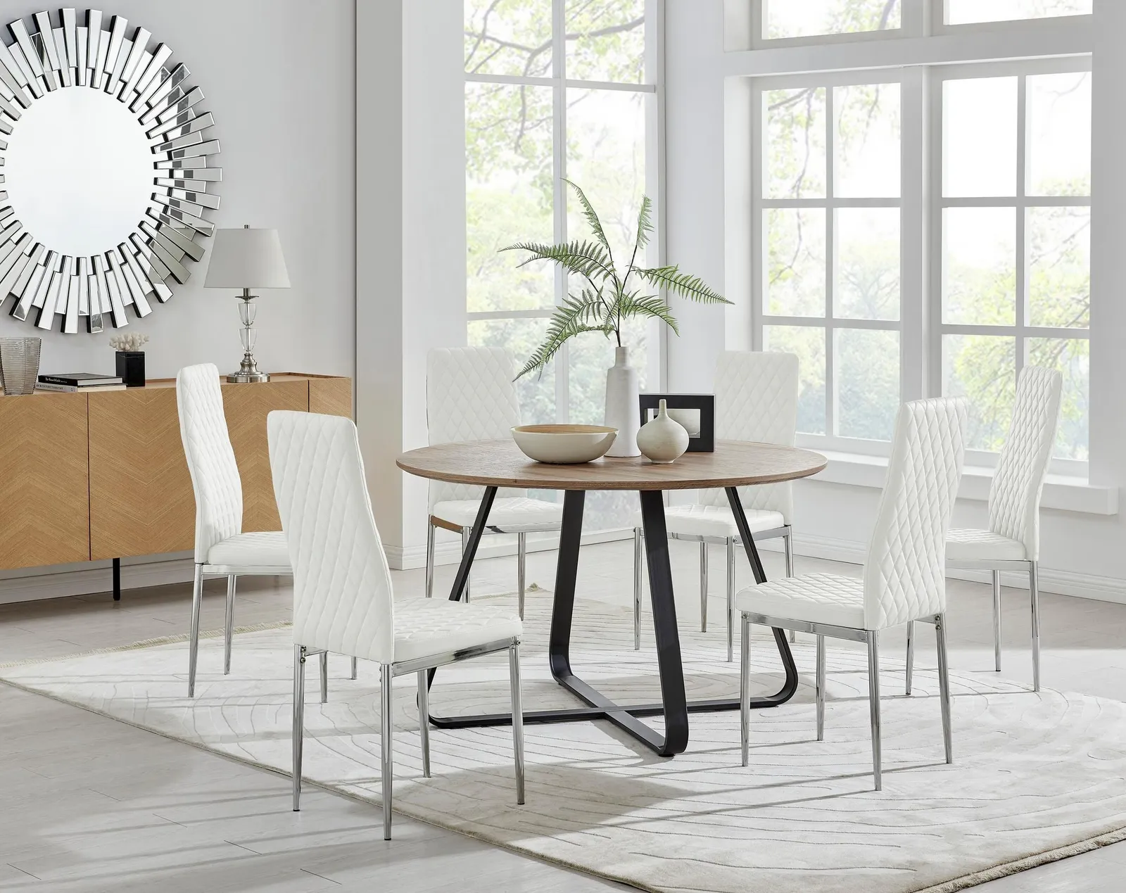 FurnitureboxUK Santorini Brown Wood Effect Dining Table & 6 Milan Chrome Leg Chairs in Off-White