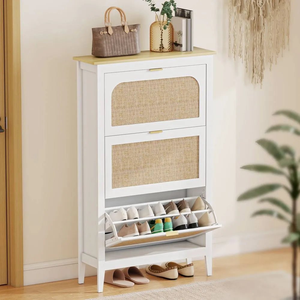 HOMCOM Boho Slim Shoe Cabinet with Rattan Doors, Holds 21 Pairs, White