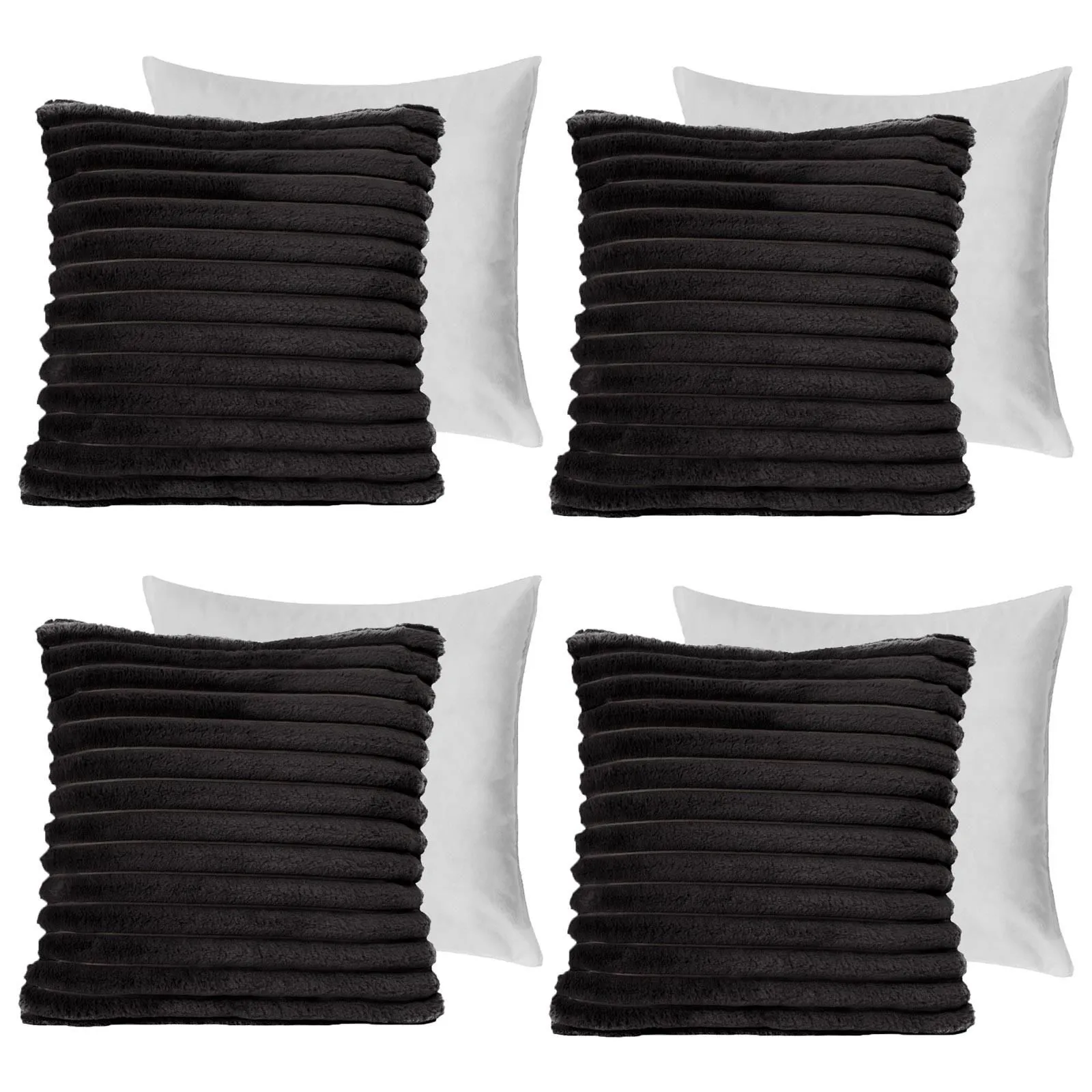 OHS 4 x Faux Fur Thick Rib Filled Cushion Covers in Black