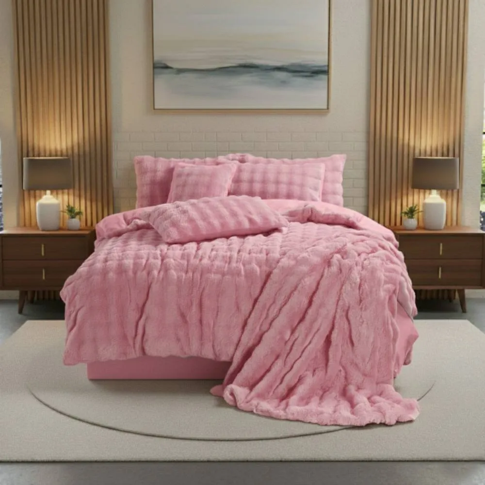 Snug City Rabbit Faux Fur Teddy Duvet Cover Set Ultra Soft Plush Bedding in Pink