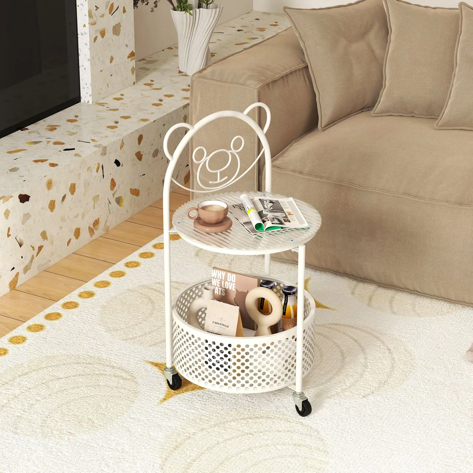 Costway Mobile Glass Coffee Table 2-Tier Round End Table w/Bear Pattern in White 5
