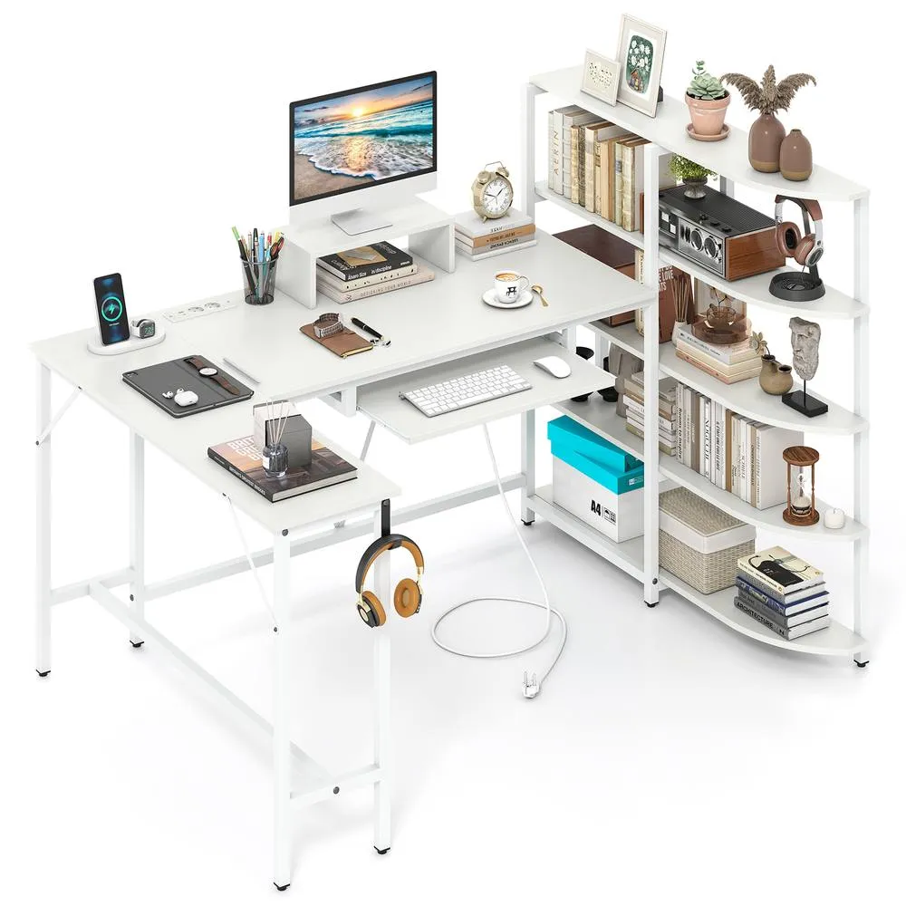 Costway L Shaped Desk with Corner Computer Desk White 4