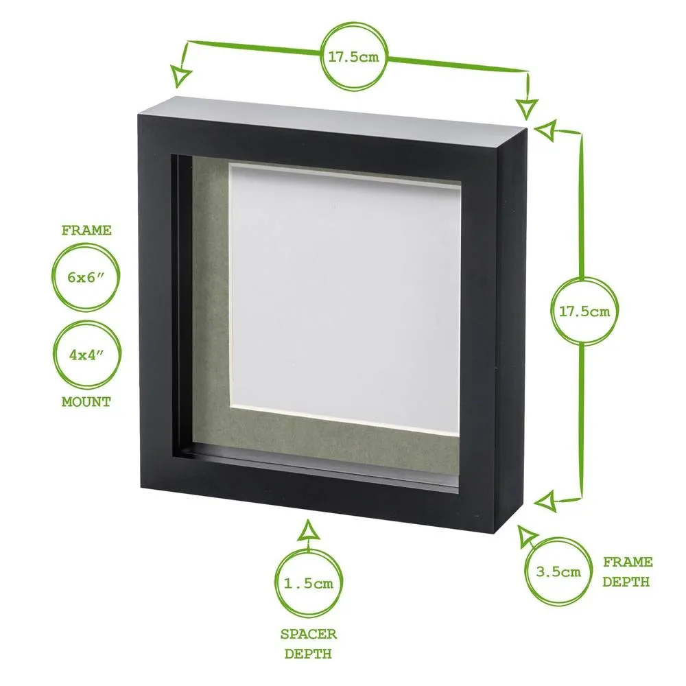 Nicola Spring 3D Box Photo Frame with 4" x 4" Mount - 6" x 6" - Grey in Black 4