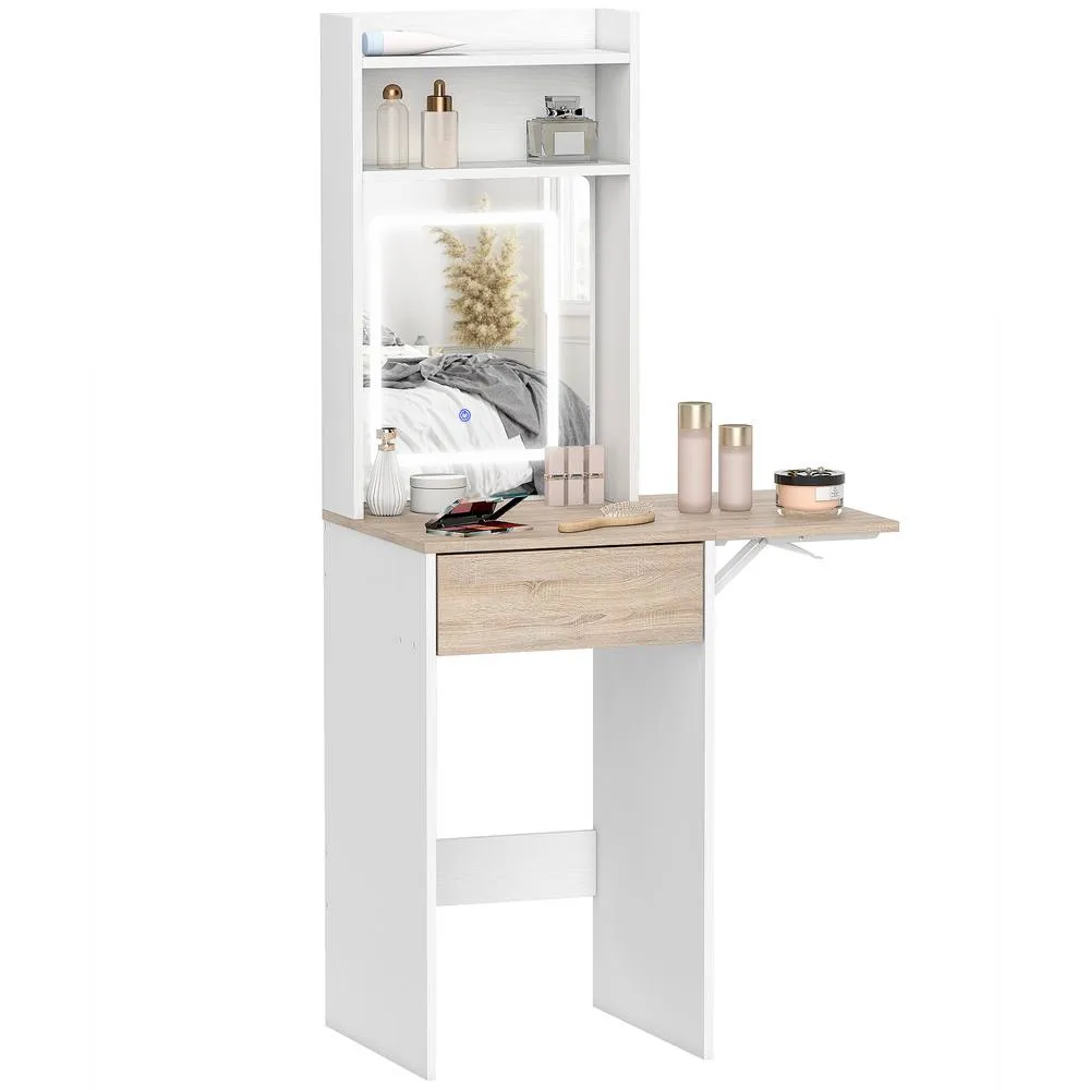 HOMCOM Compact Dressing Table with Lighted Mirror Open Shelves Drawer in White 2