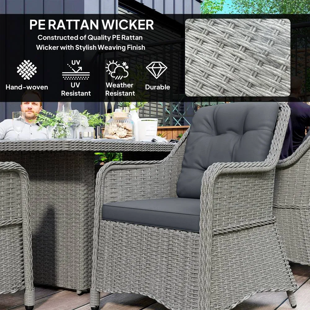 OUTSUNNY 6 Seater Rattan Dining Set with Glass Top Table & Cushions, Grey 4