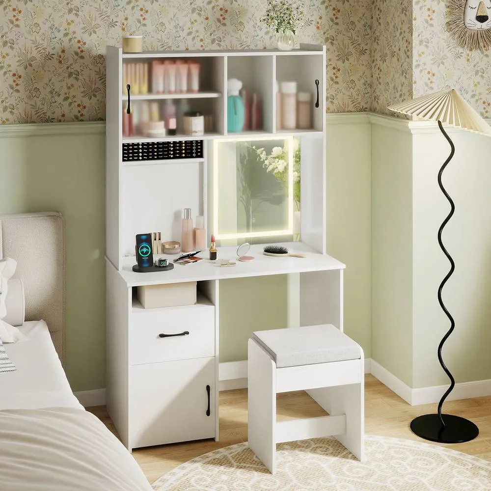 Costway Vanity Desk w/ Mirror & Lights Makeup Dressing Table w/ Power Outlets in White 5