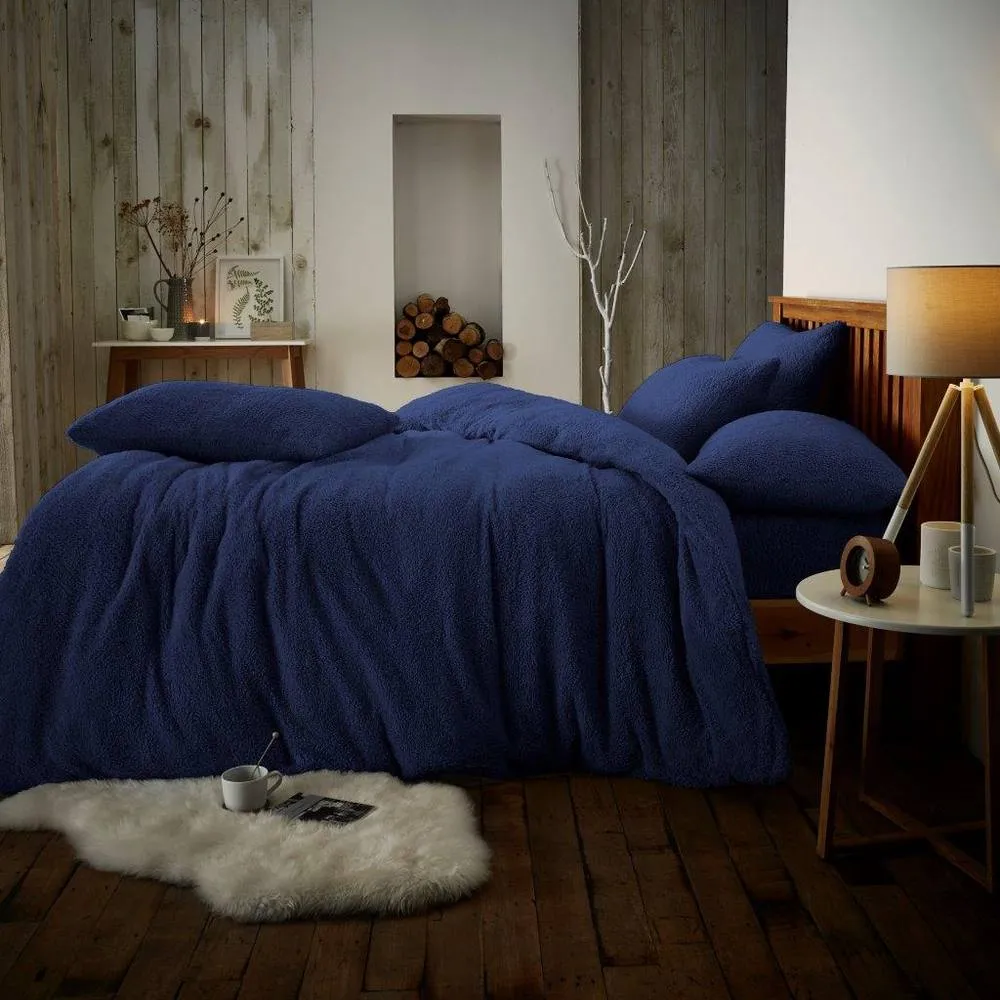 Smart Living Luxury Teddy Plain Duvet Cover & Pillowcase Set in Navy