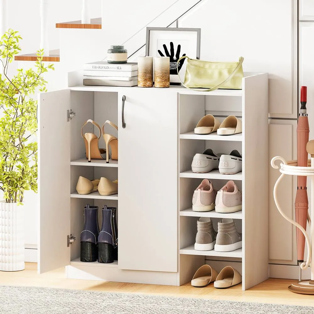 Costway Industrial Shoe Cabinet Shoe Wooden Storage Organizer w/4 Open Shelves in White 3