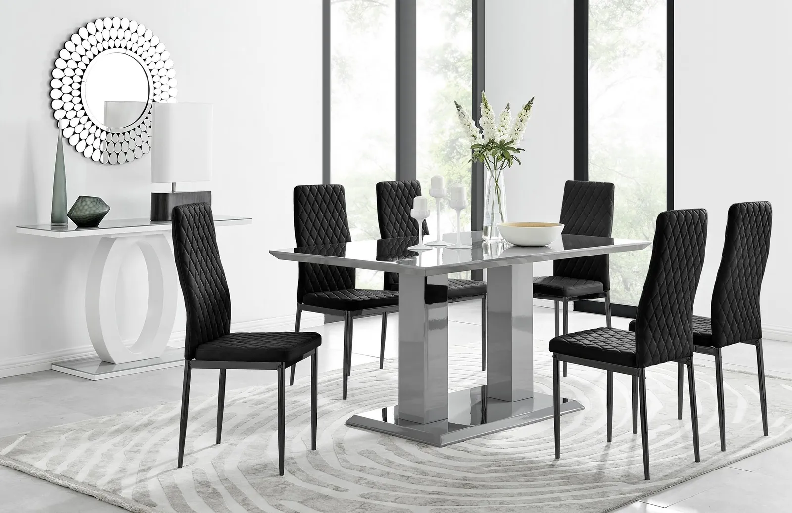 FurnitureboxUK Imperia 6 Grey Dining Table & 6 Velvet Milan Black Leg Chairs