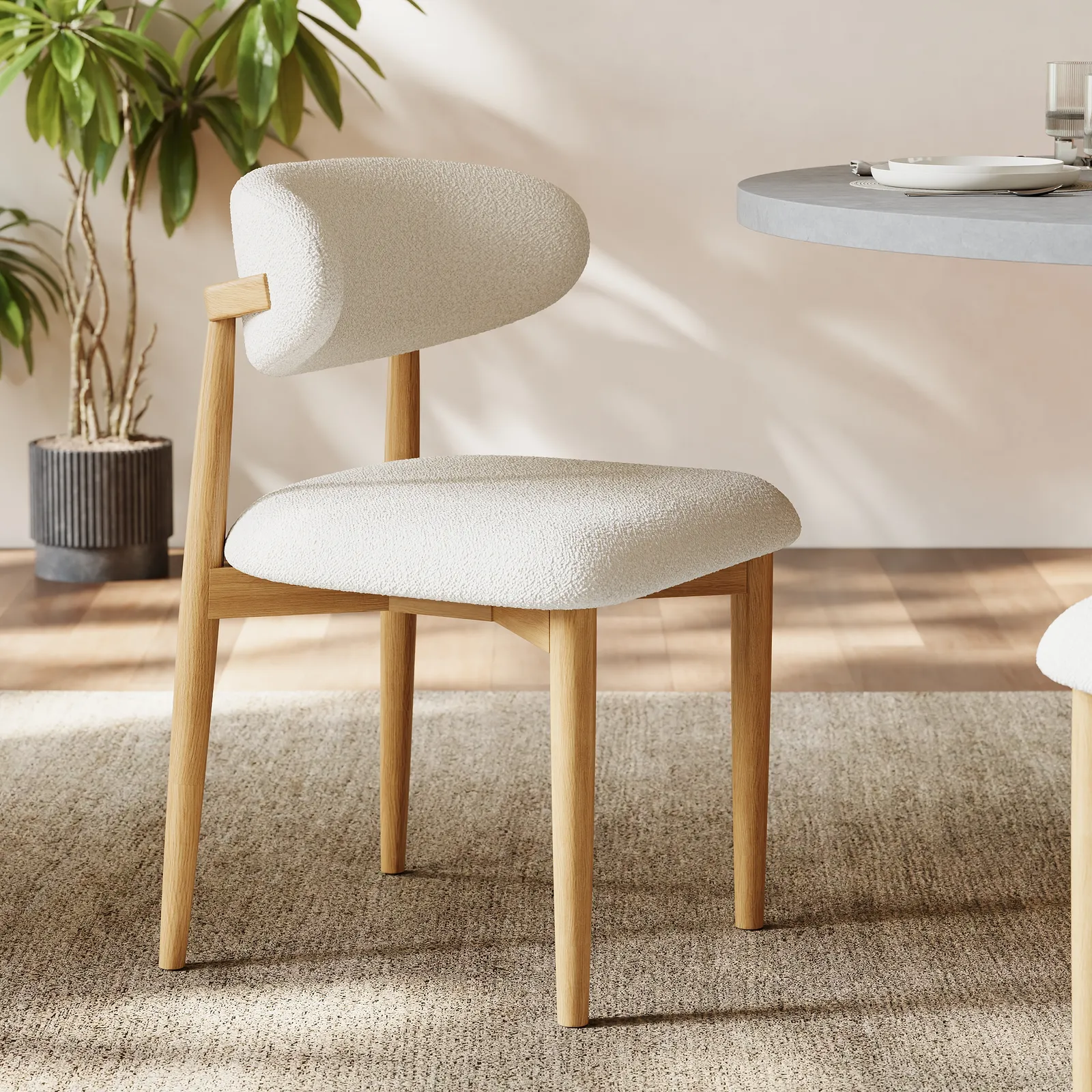 Modern Natural Boucle Dining Chair with Rubber Wood Legs, 1 Piece