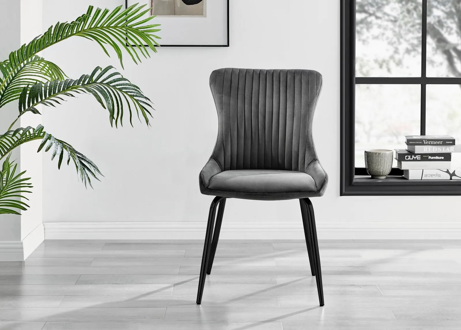 FurnitureboxUK Set of 2 Nora Deep Padded Luxurious Dining Chairs Upholstered In Soft Velvet With Black Legs in Dark Grey 3