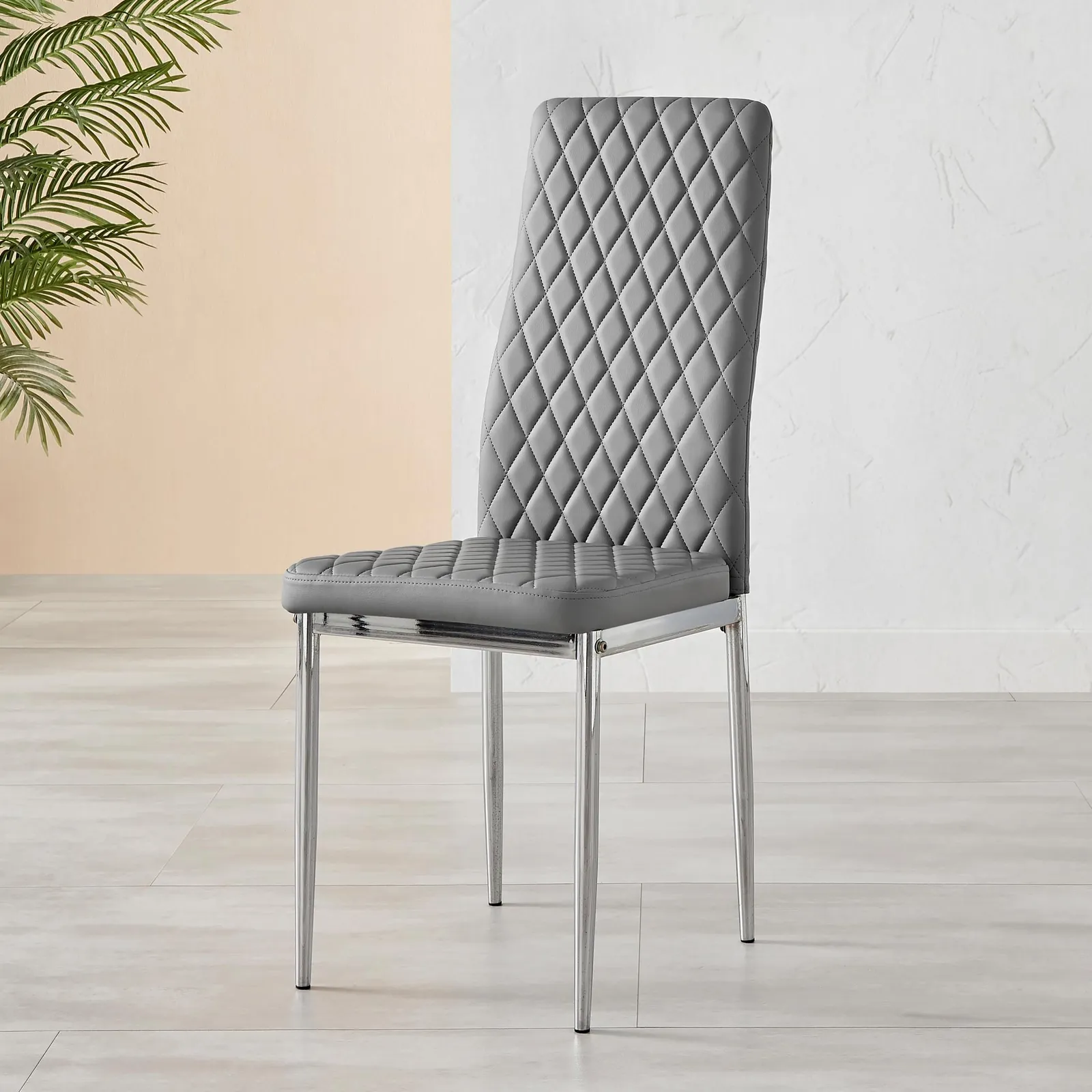 FurnitureboxUK Set of 6 Milan High Back Soft Touch Diamond Pattern Faux Leather Dining Chairs With Silver Chrome Metal Legs in Grey 4