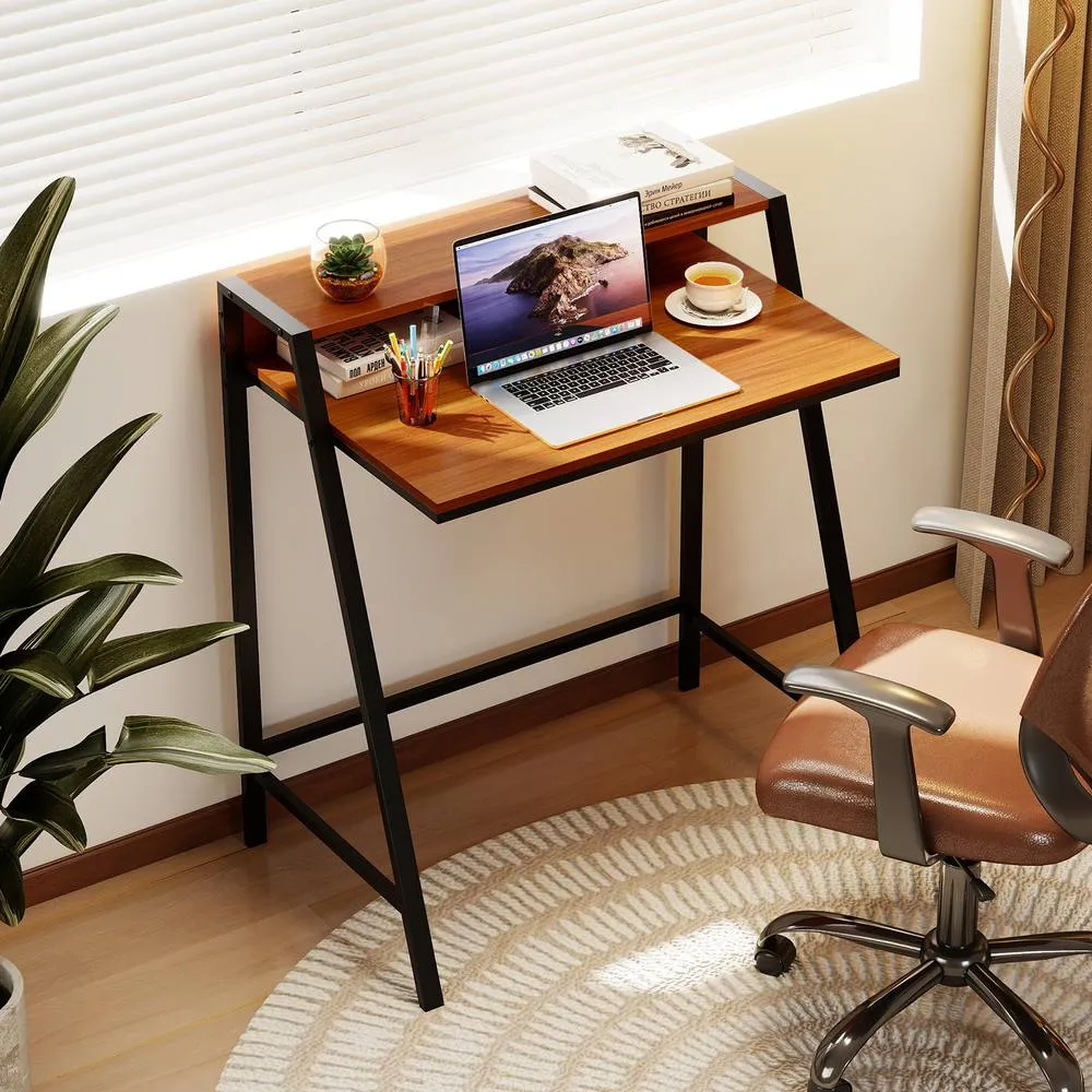 Costway Computer Desk 80 CM Small Desk Compact Desk with Monitor Stand-Coffee in Brown 3