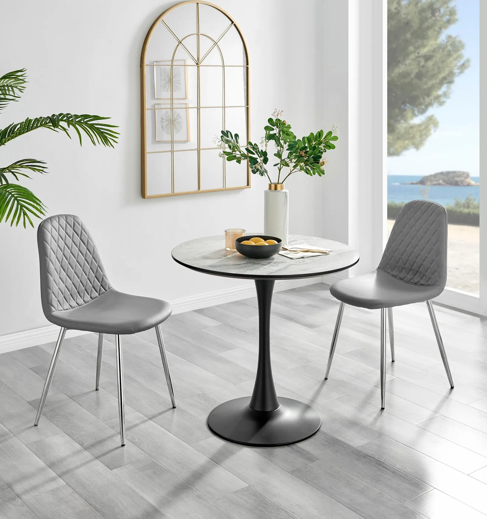 FurnitureboxUK Elina White Marble Effect Scratch Resistant Dining Table & 2 Corona Silver Chairs in Grey