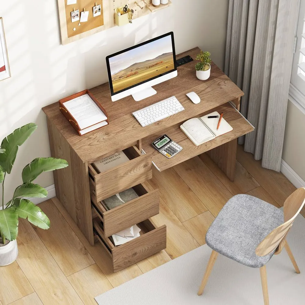 Costway Computer Desk Modern Office Desk w/Power Outlet & Keyboard Tray in Natural 3