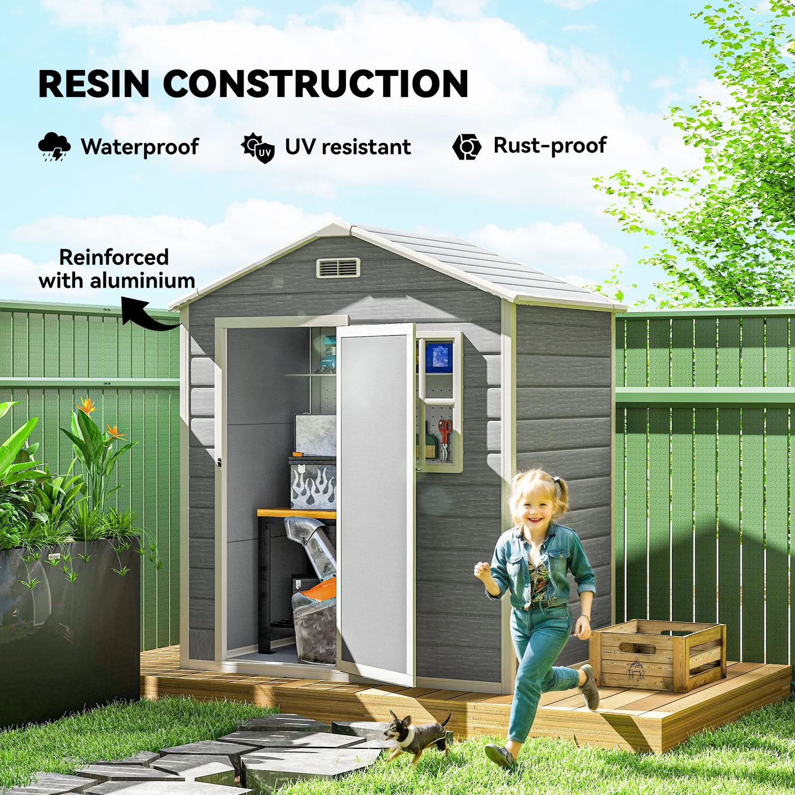 OUTSUNNY 6 x 4ft Resin Garden Shed with Floor & Window, Grey 6