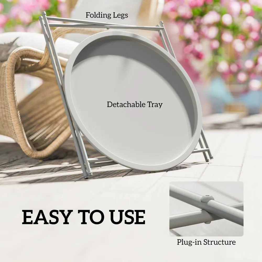 OUTSUNNY 46cm Round Garden Table Side Table with Removable Tray, White in Light Grey 4