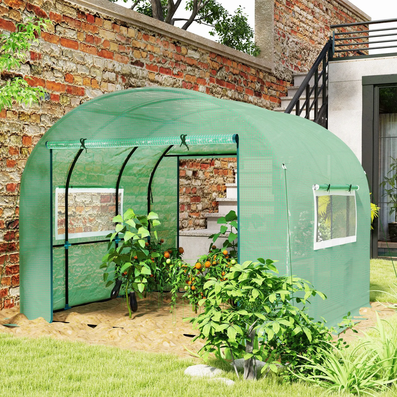 OUTSUNNY Polytunnel Greenhouse with UV-resistant PE Cover, Grow House, 3 x 3 x 2m in Green
