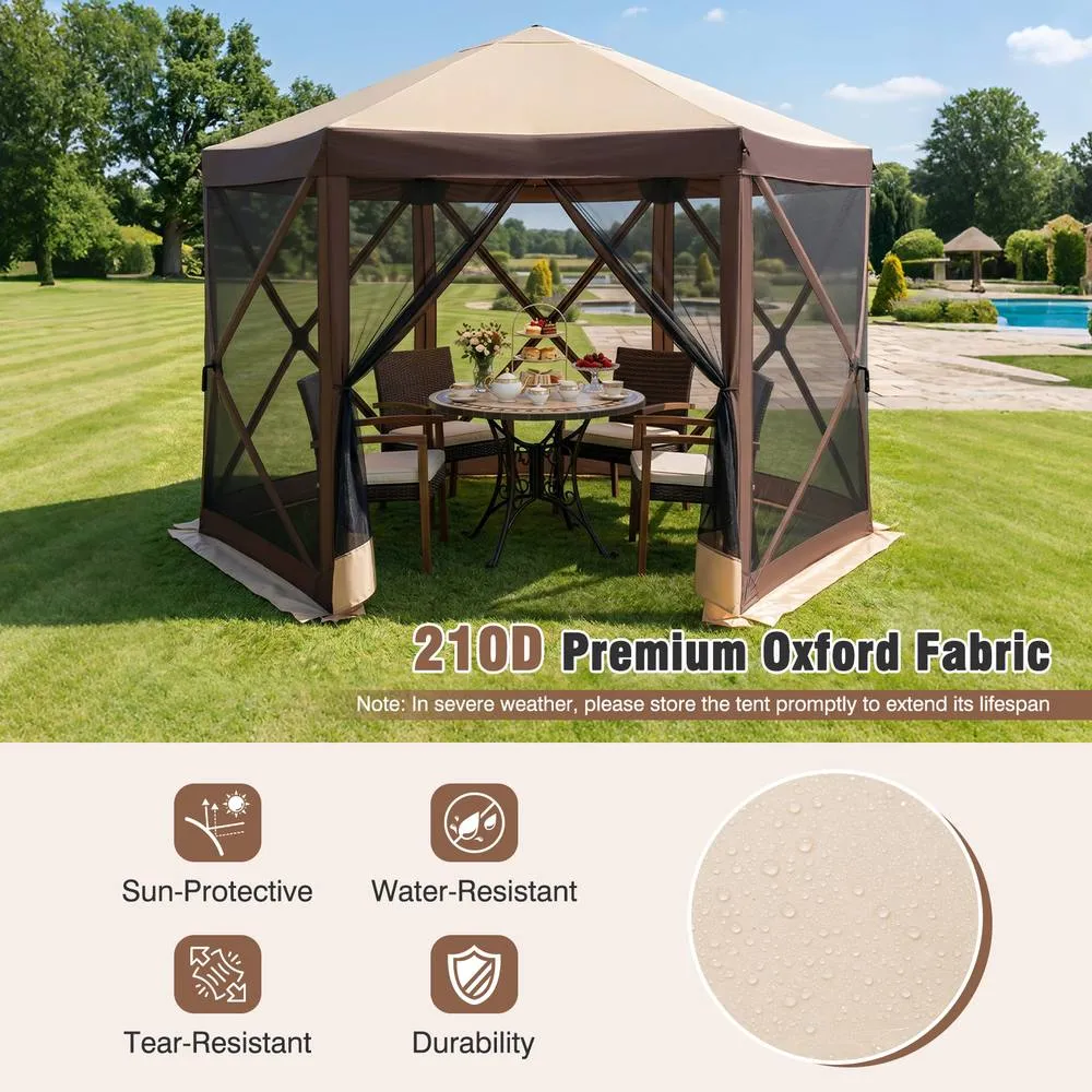 Costway Foldable Gazebo w/6 Net Sides & Zipped Door 6-Sided Garden Pavilion in Brown 5
