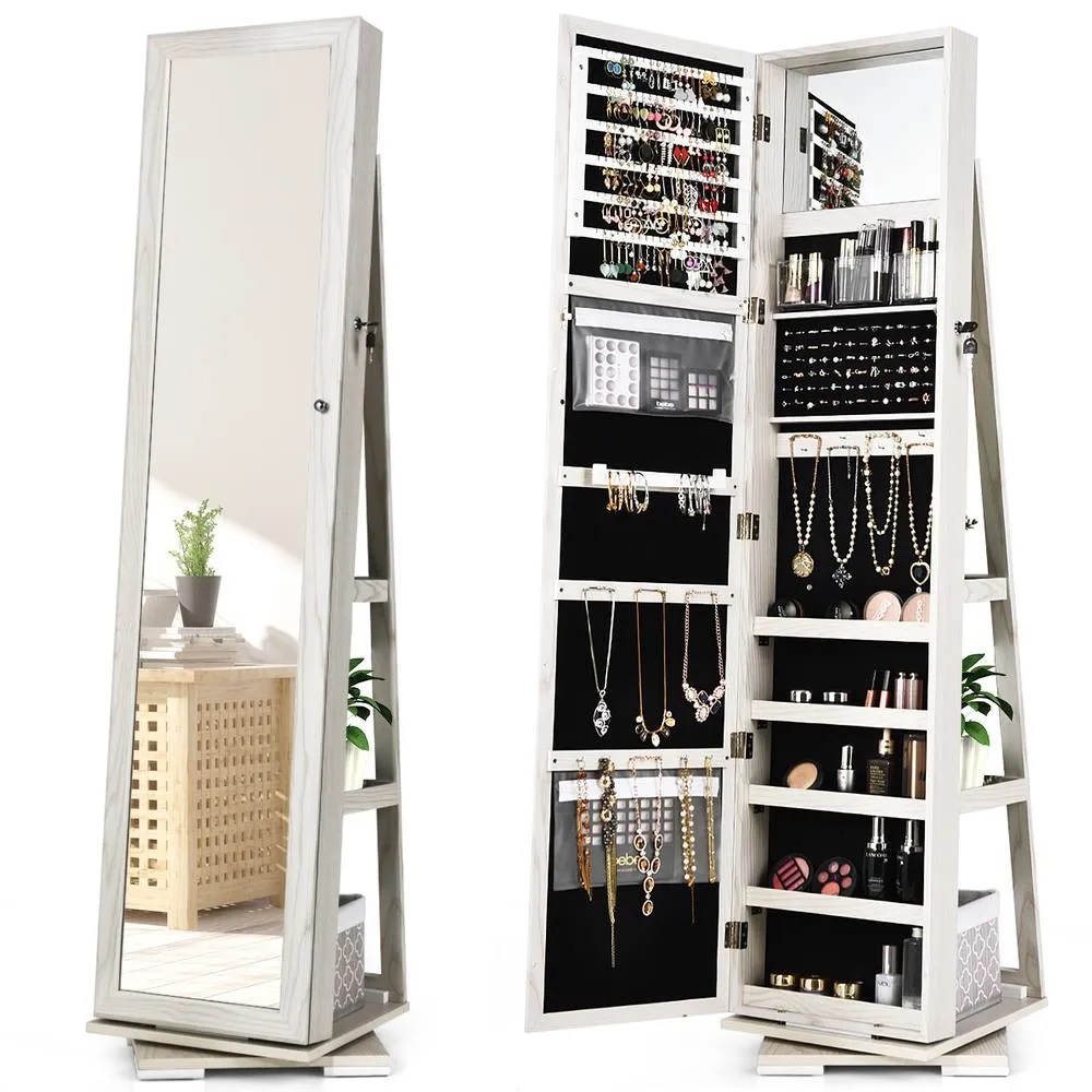 Costway 360 Rotating MirroredJewelry Cabinet Free Standing Jewelry Armoire in White