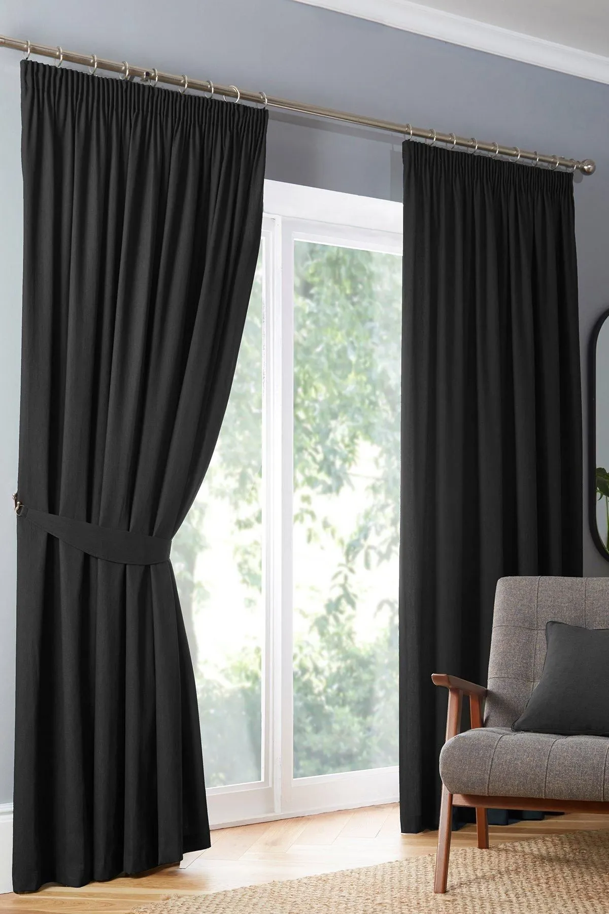 Fusion 'Dijon' Thermal & Blackout Fully Lined Pencil Pleat Curtains in Black 1