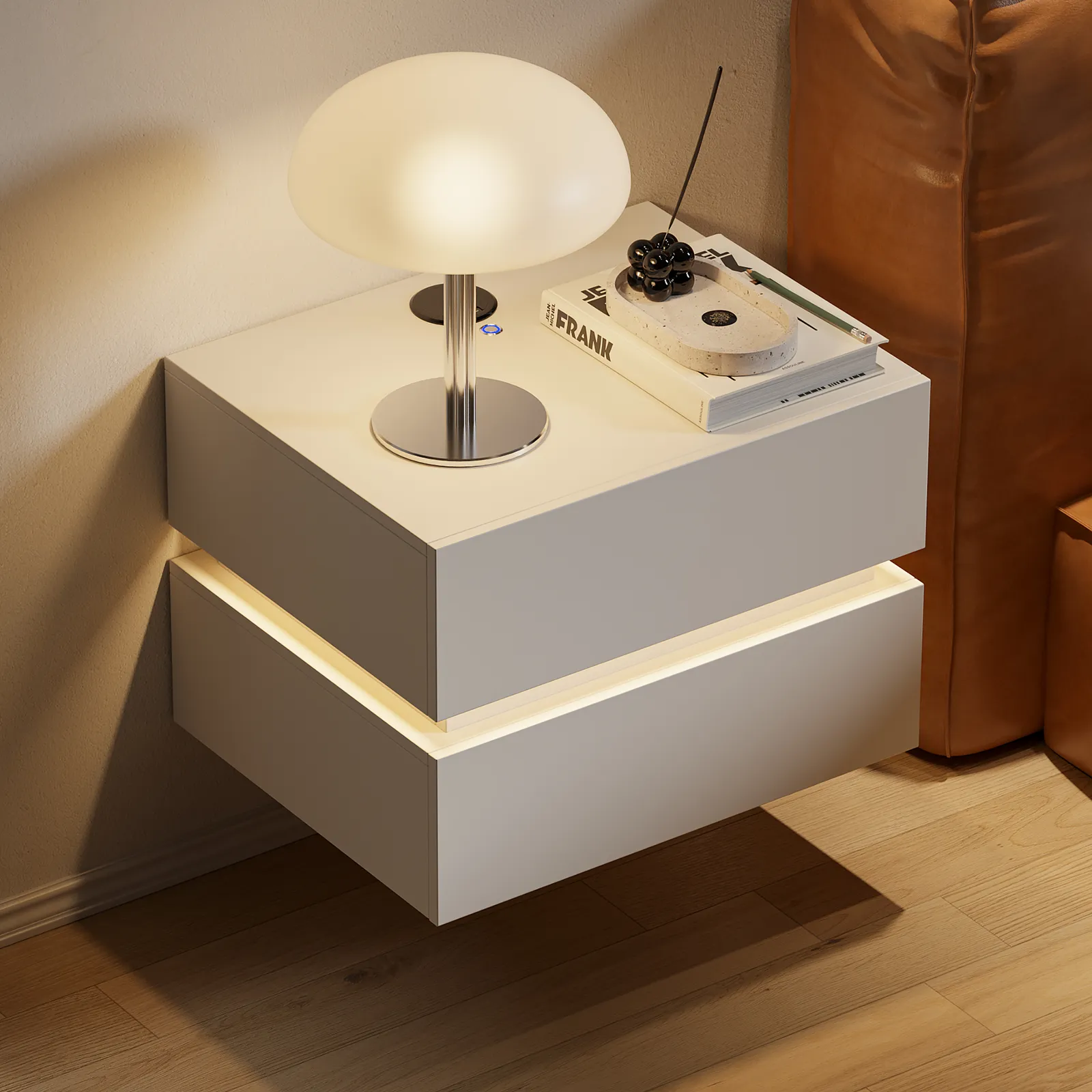 Floating Smart LED Nightstand Wireless Charging Station Bedside Table with Light White
