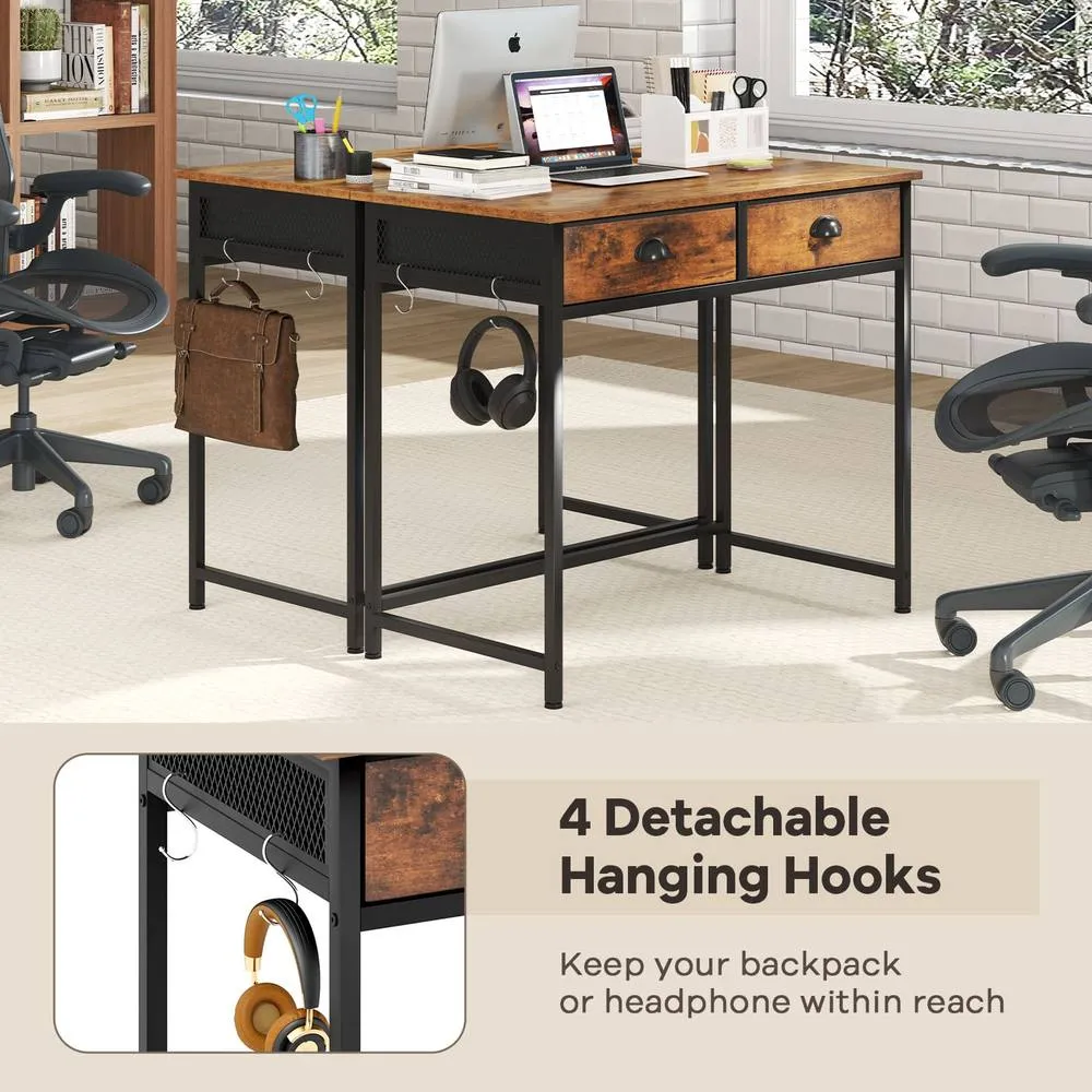 Costway Computer Desk Space Saving Home Office Desk w/2 Fabric Drawers-Coffee in Brown 4