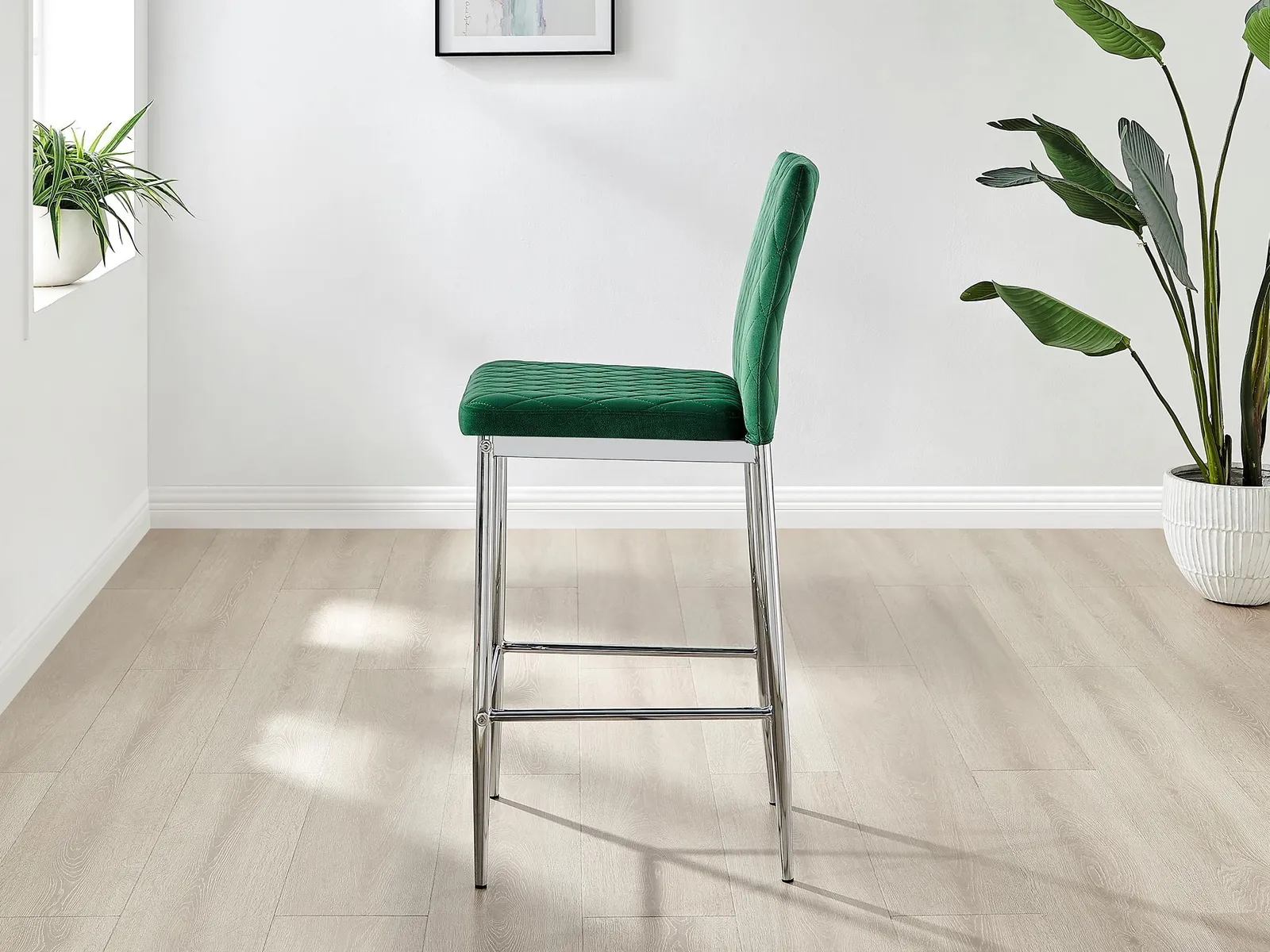 FurnitureboxUK Set of 2 Milan Soft Touch Hatched Velvet Padded Counter Stools With Silver Chrome Metal Legs in Green 4