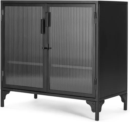 Rankin Compact Cabinet, Ribbed Glass & Black Metal