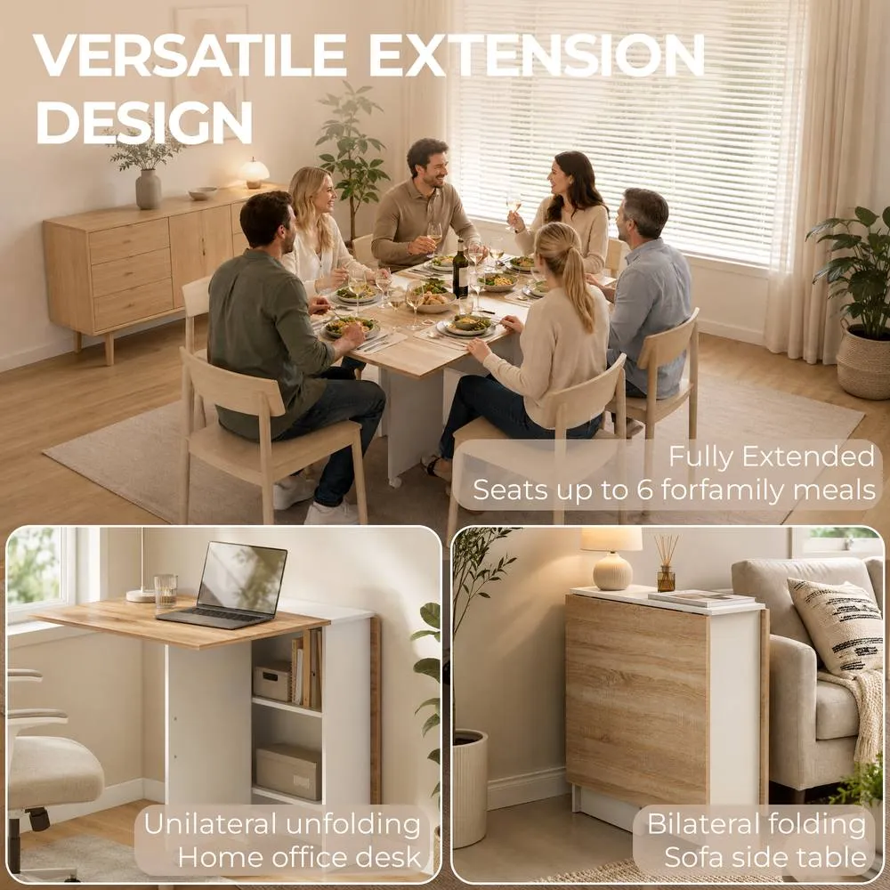 HOMCOM Rolling Drop Leaf Dining Table, Folding Kitchen Table with Shelves in Natural 4