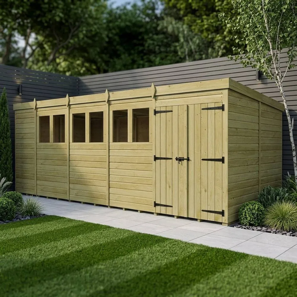 Buttercup Farm 19ft x 10ft Pent Garden Shed Double Door With Windows - Timber in Brown 2