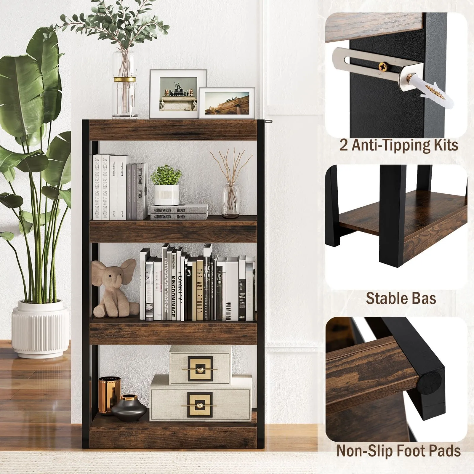 Costway 4 Tier Bookshelf Wooden Bookcase with Dual Anti-Tipping Kits-Coffee in Brown 5