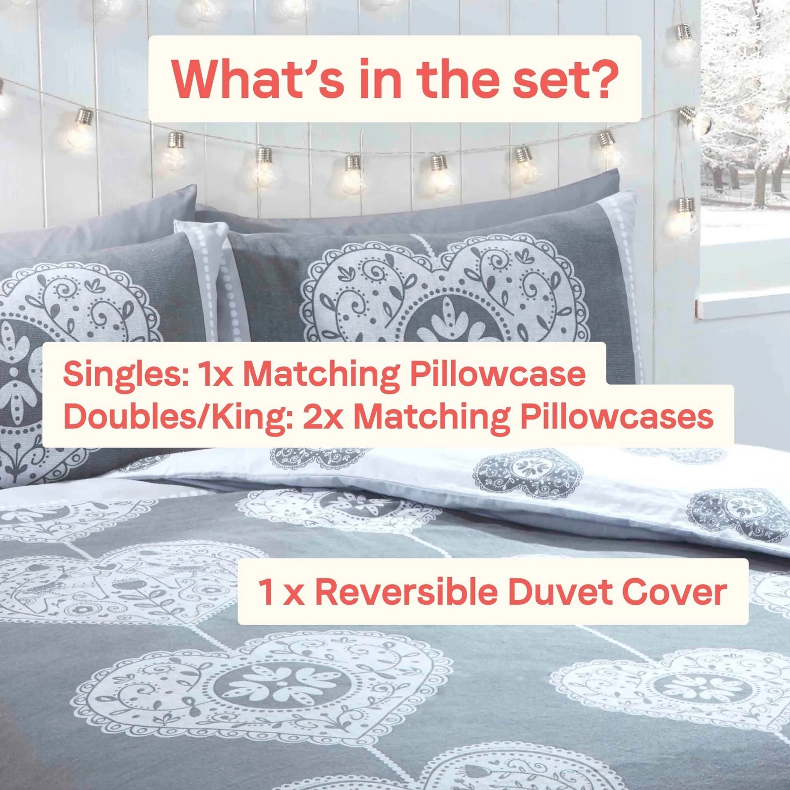 Rapport Home Scandi Heart Duvet Set Grey Double, Grey 4