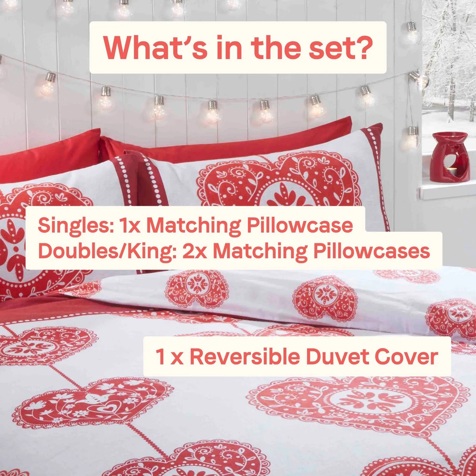 Rapport Home Scandi Heart Pure Cotton Duvet Cover Set with Pillowcase in Red 4