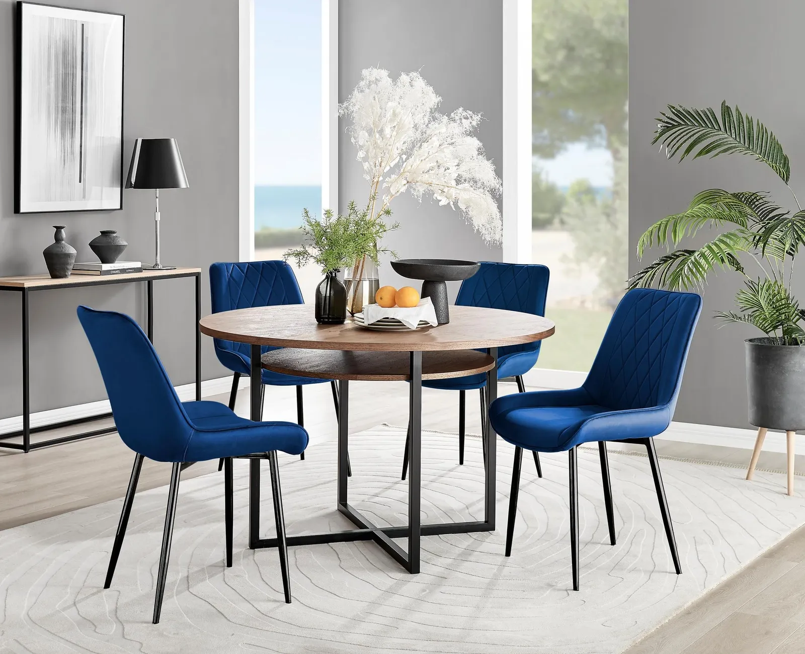 FurnitureboxUK Adley Brown Wood Storage Dining Table & 4 Pesaro Black Leg Chairs in Navy 1