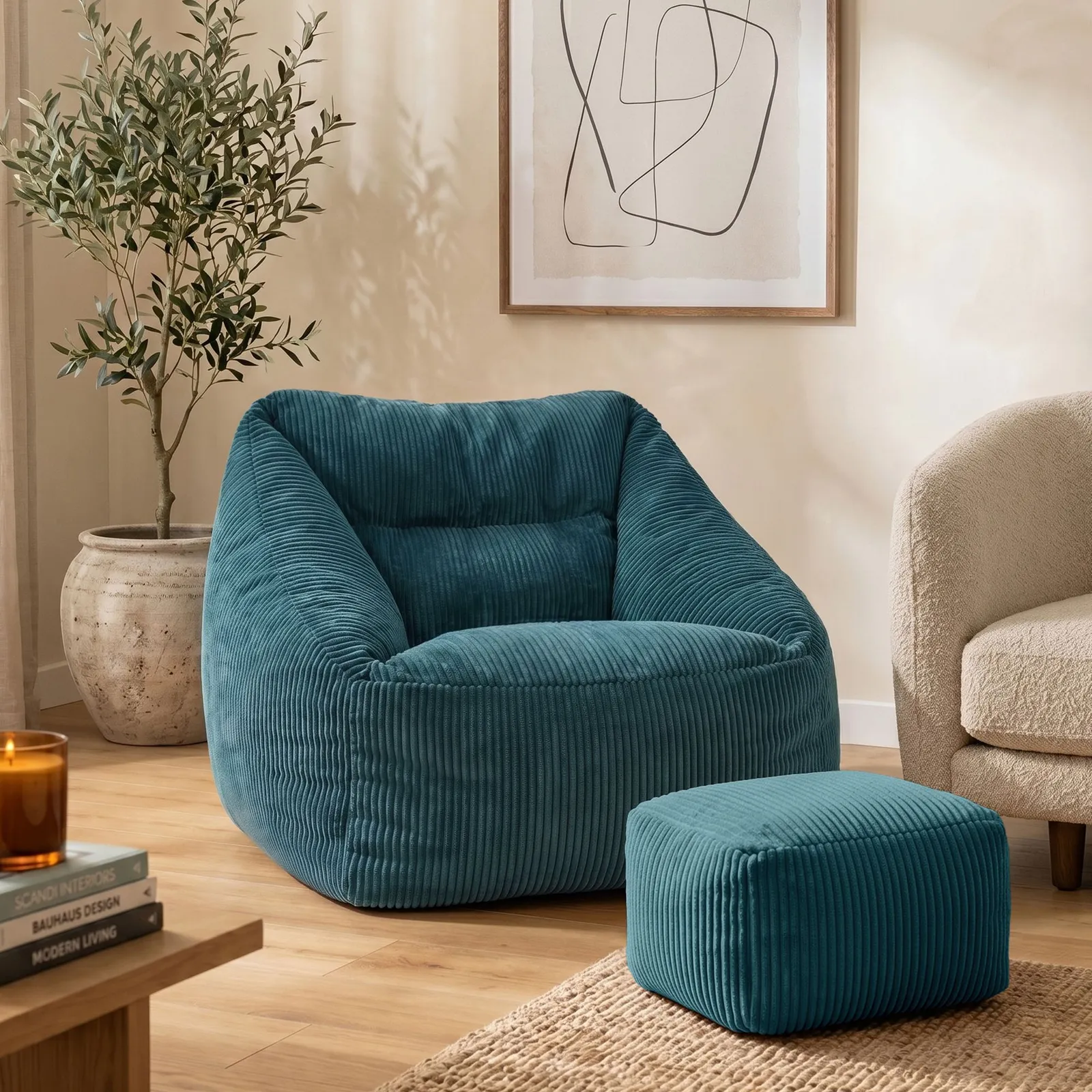 icon Bean Bag Armchair & Footstool Jumbo Cord Bundle in Teal