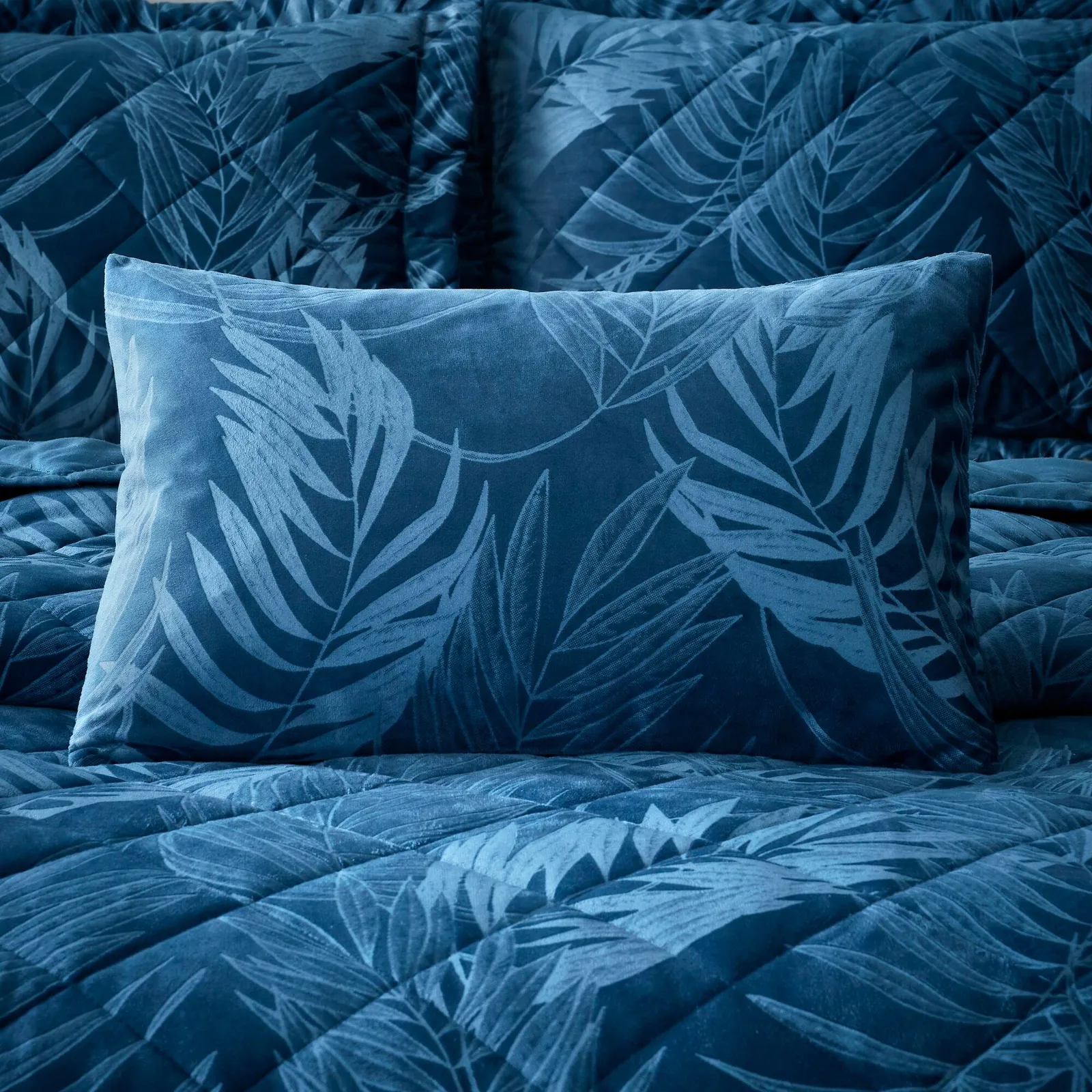 Portfolio Home Woburn Botanical Leaf Filled Boudoir Cushion Pillow 32 x 50cm in Blue 2