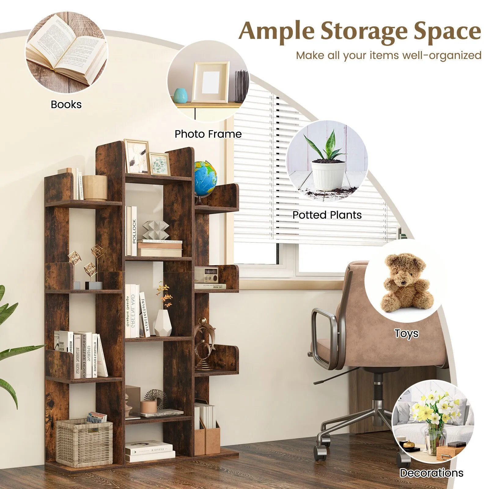 Costway Tree Bookshelf Tall Bookcase Corner Books Storage Organizer Display Cube Shelf in Brown 5